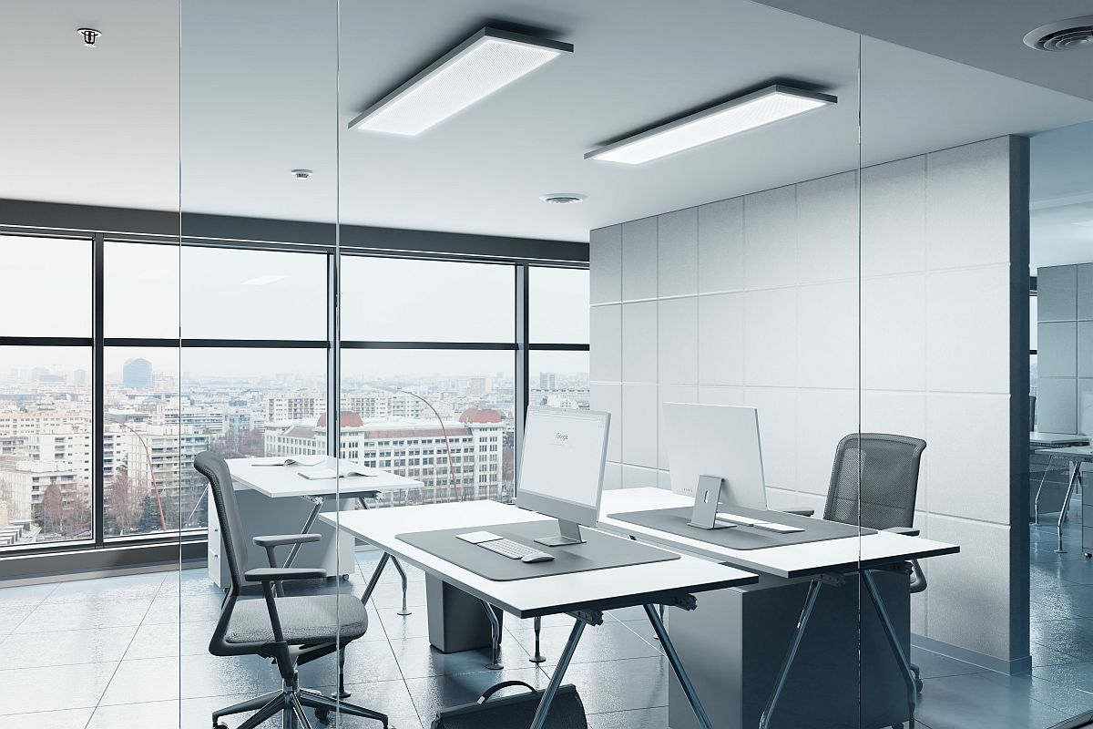 Lämpöpaneeli LED-valoilla Etherma LAVA LUX white toimistossa