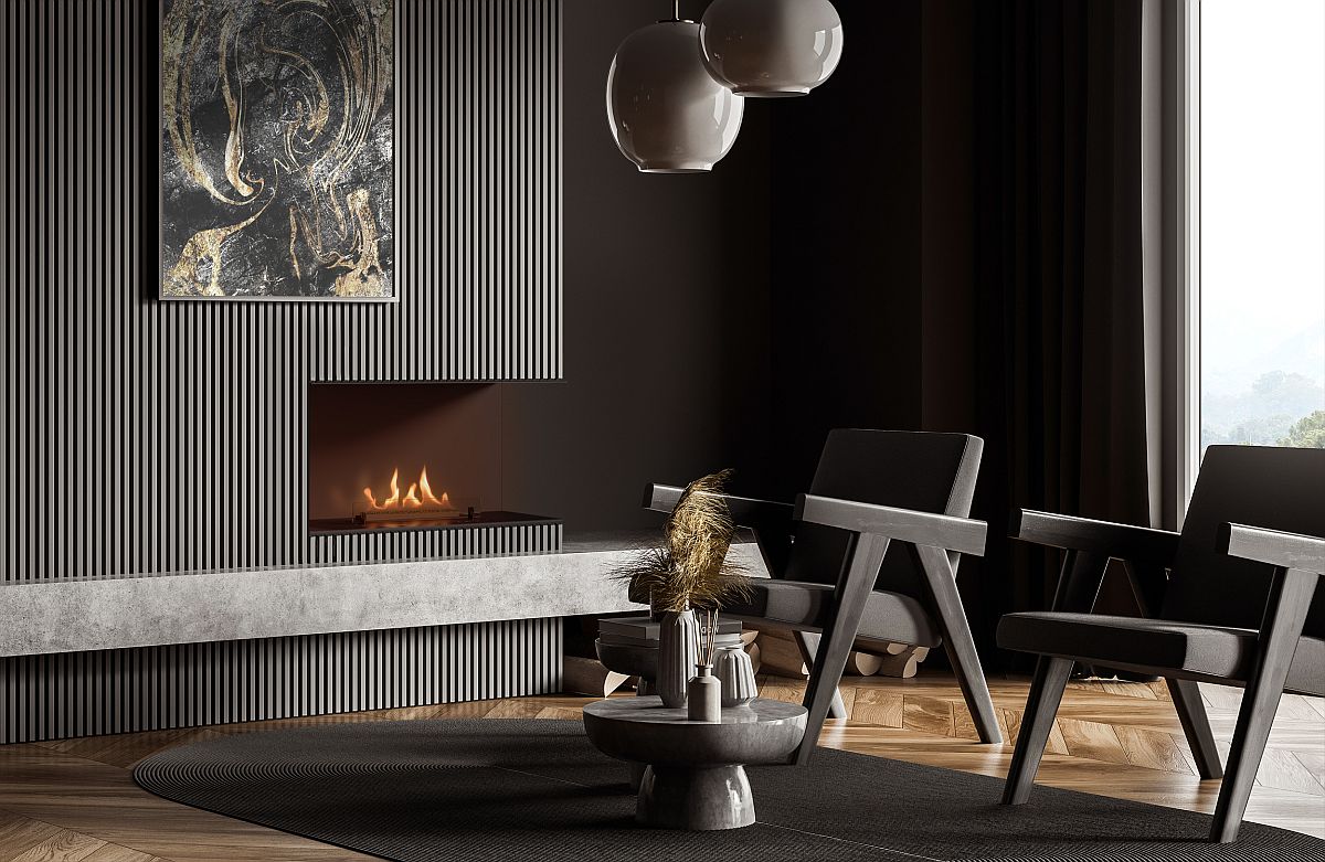 Biotakka Planika Senso Fireplace upotettuna tyylikkään harmaassa huonetilassa.