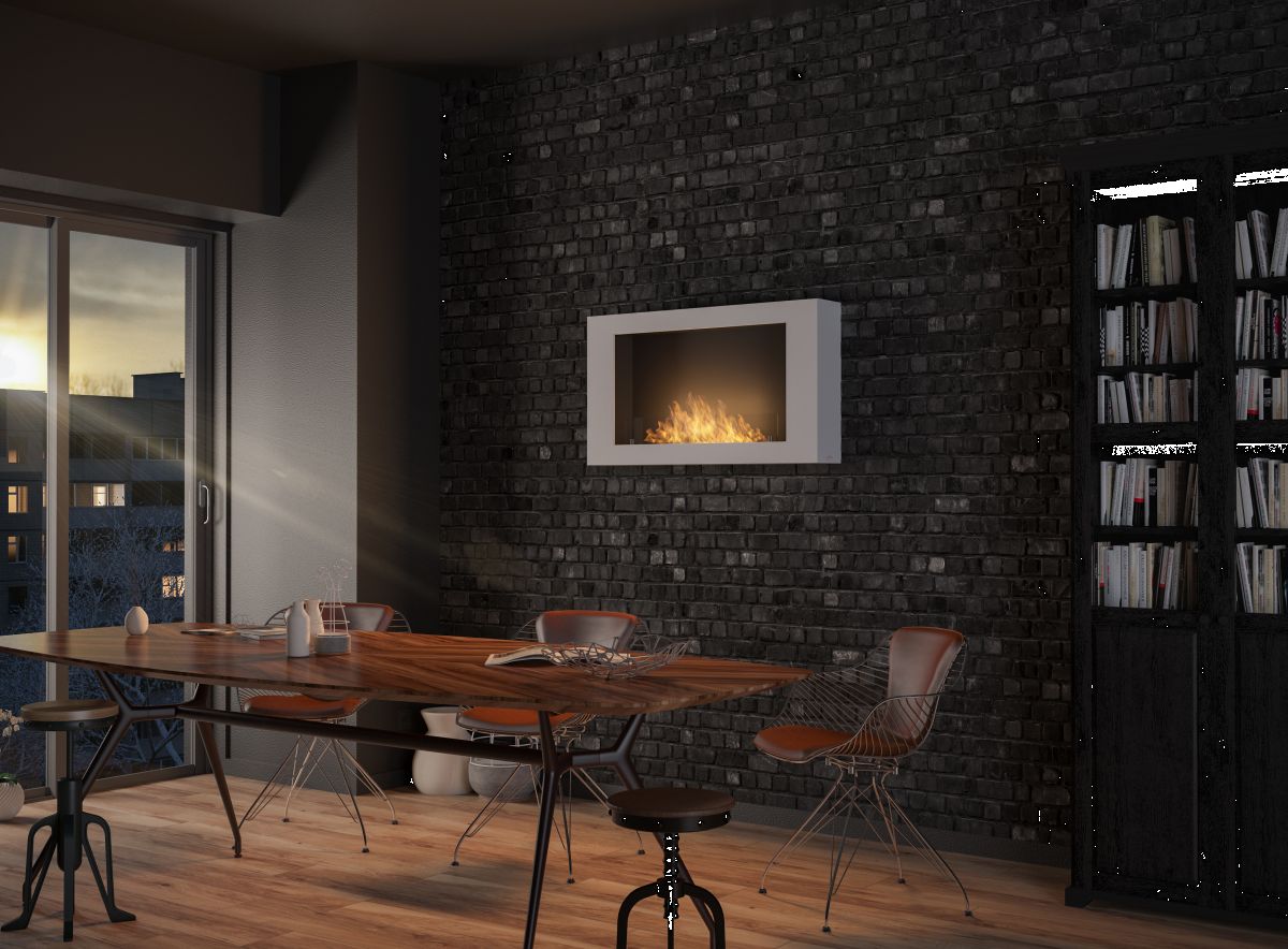 Biotakka Infire Murall 1000 valkoinen tummalla tiiliseinällä tuo upean kontrastin.