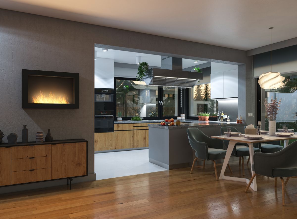 Biotakka Infire Murall 800 musta tunnelmanluojana keittiössä ja ruokailutilassa.