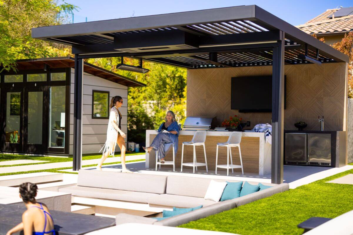 Bromic Tungsten patio heaters at sunny outdoor kitchen area