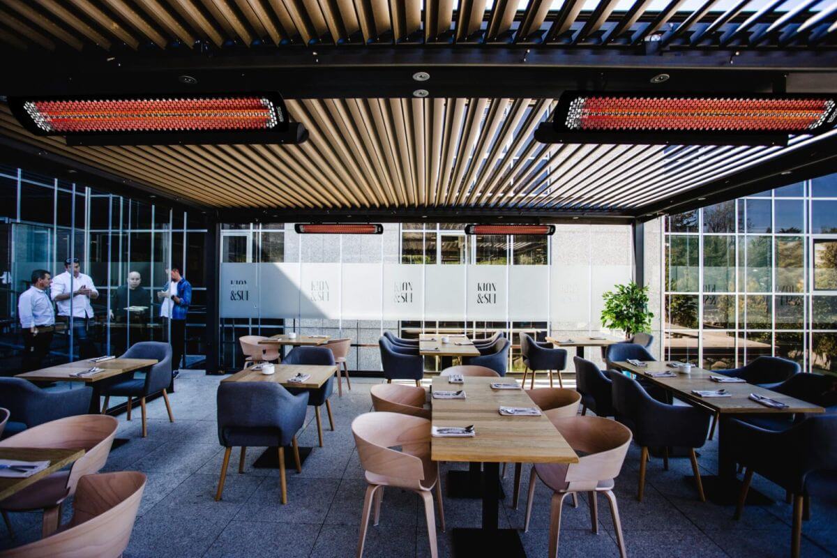 Bromic Tungsten patio heaters at covered restaurant terrace