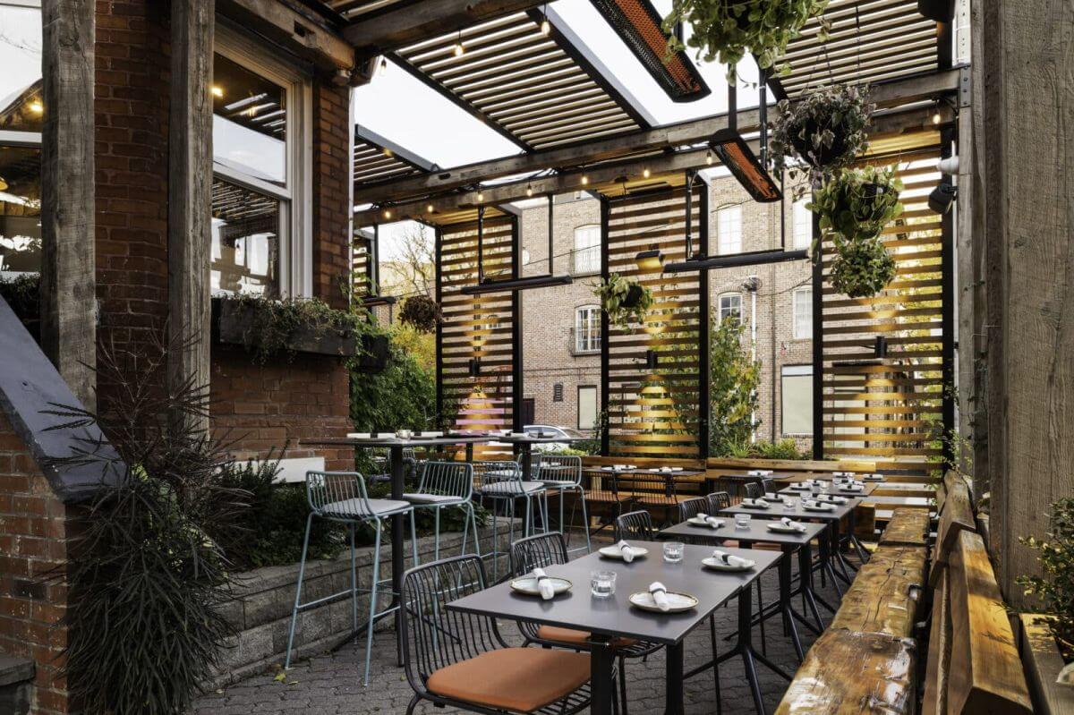 Bromic Tungsten patio heaters at restaurant terrace with 900 mm ceiling brackets