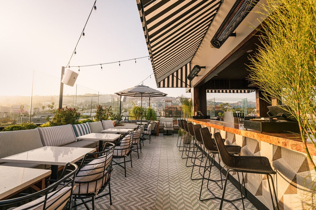 Bromic Tungsten 6000 patio heaters at restaurant terrace