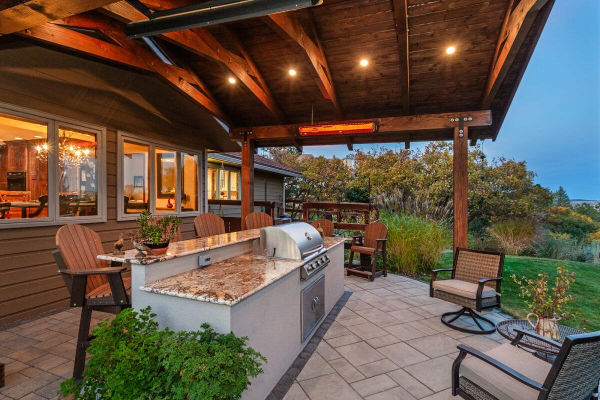 Bromic Tungsten patio heaters at outdoor kitchen area