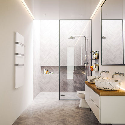 Lämpöpaneeli Etherma LAVA BATH 2.0 teräs white kylpyhuoneessa
